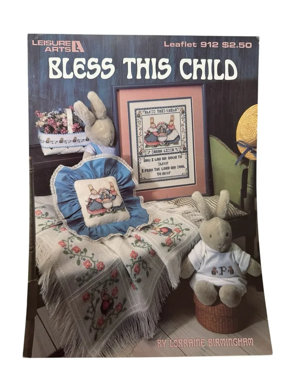 Vintage Bless This Child Bedtime Prayer Cross Stitch Design Leaflet Rabbits Baby